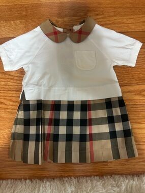 Burberry White Top with Beige Black Red Check Pleated Skirt Girls Dress